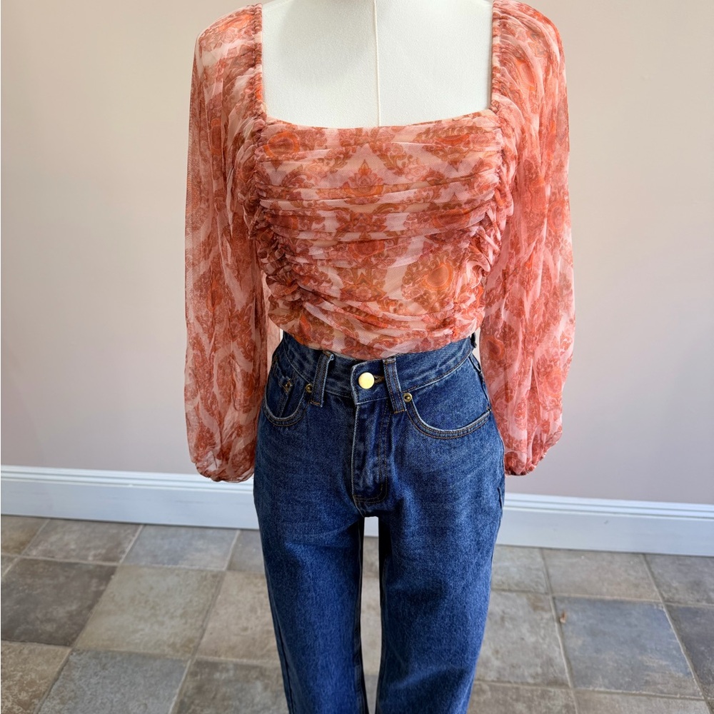 Dress Forum Coral Paisley Ruched Square-Neck Blouse